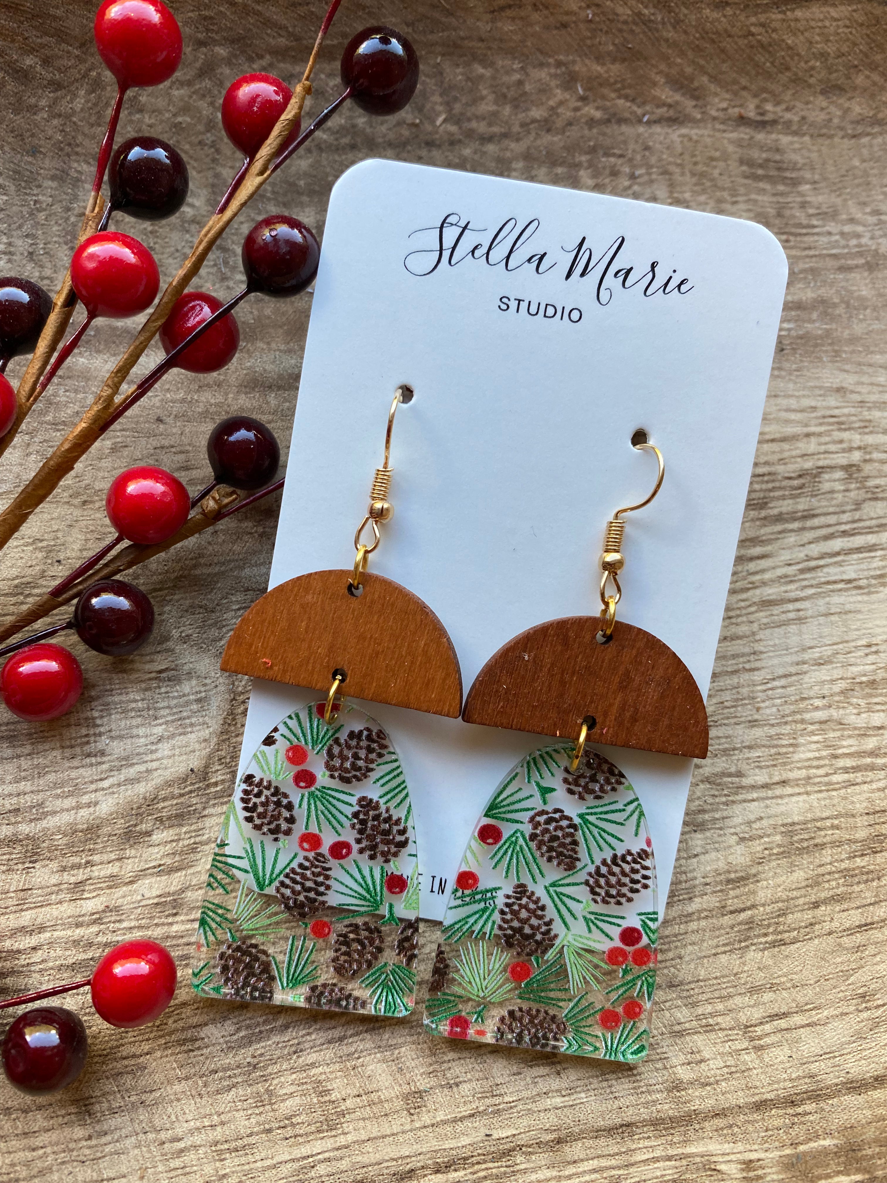 TWO OPTIONS: Pine Cones & Holly Acrylic Earrings